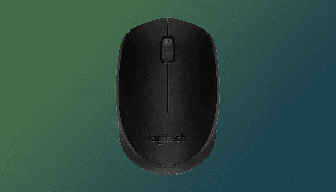 A black Logitech computer mouse centered on a professional 16:9 aspect ratio background with a soft green and blue gradient.
