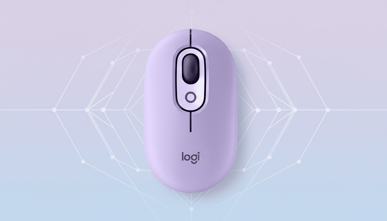 A top-down view of a light purple Logitech computer mouse with a dark gray scroll wheel and a white button, set against a professional flat design background with soft patterns and gradients in light blue and purple hues.