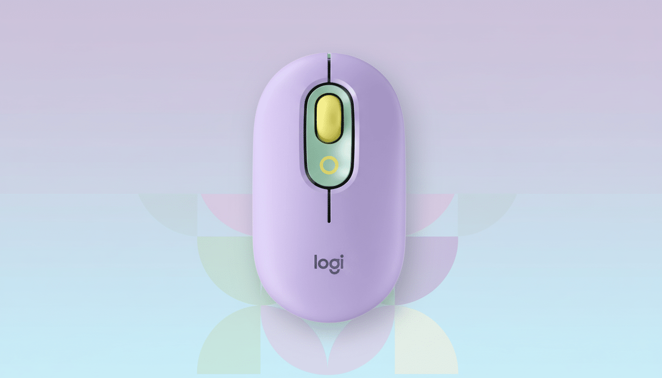 A purple Logitech Pebble M350 wireless mouse with a light green and yellow scroll wheel, centered on a professional background with soft purple and blue gradients and subtle geometric patterns.