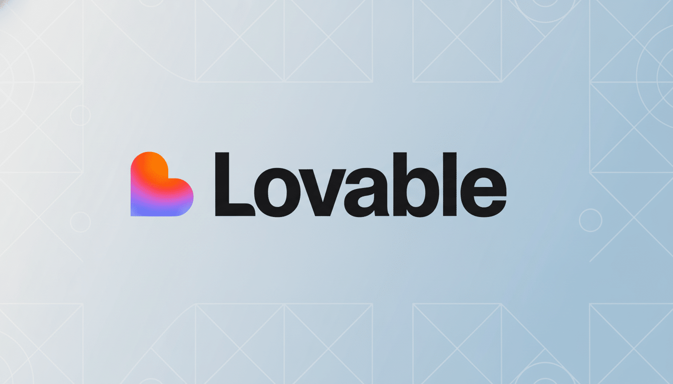 The Lovable logo, featuring a gradient heart icon in orange, pink, and purple, next to the word Lovable in black text, set against a professional light blue and white gradient background with subtle geometric patterns.