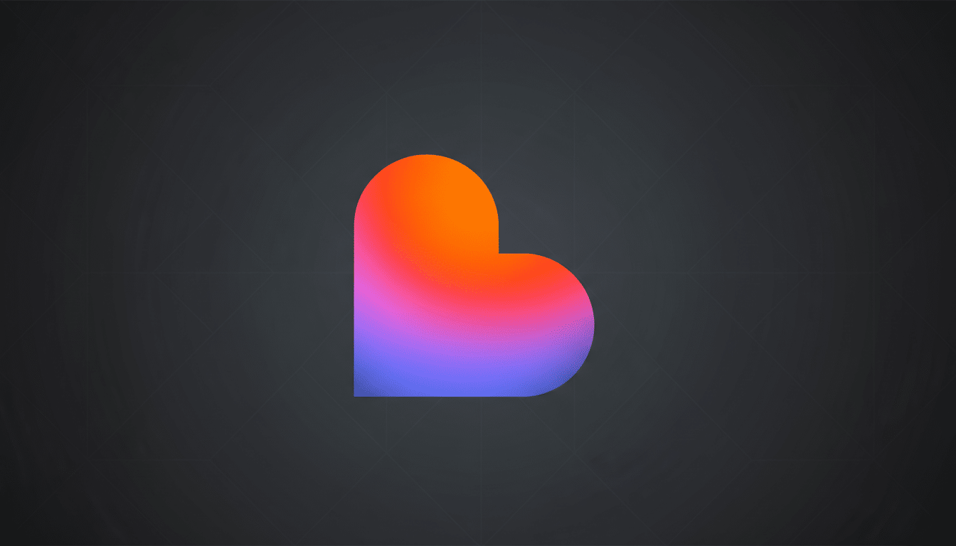 A heart-shaped logo with an orange, pink, and purple gradient, centered on a dark gray background with subtle geometric patterns.
