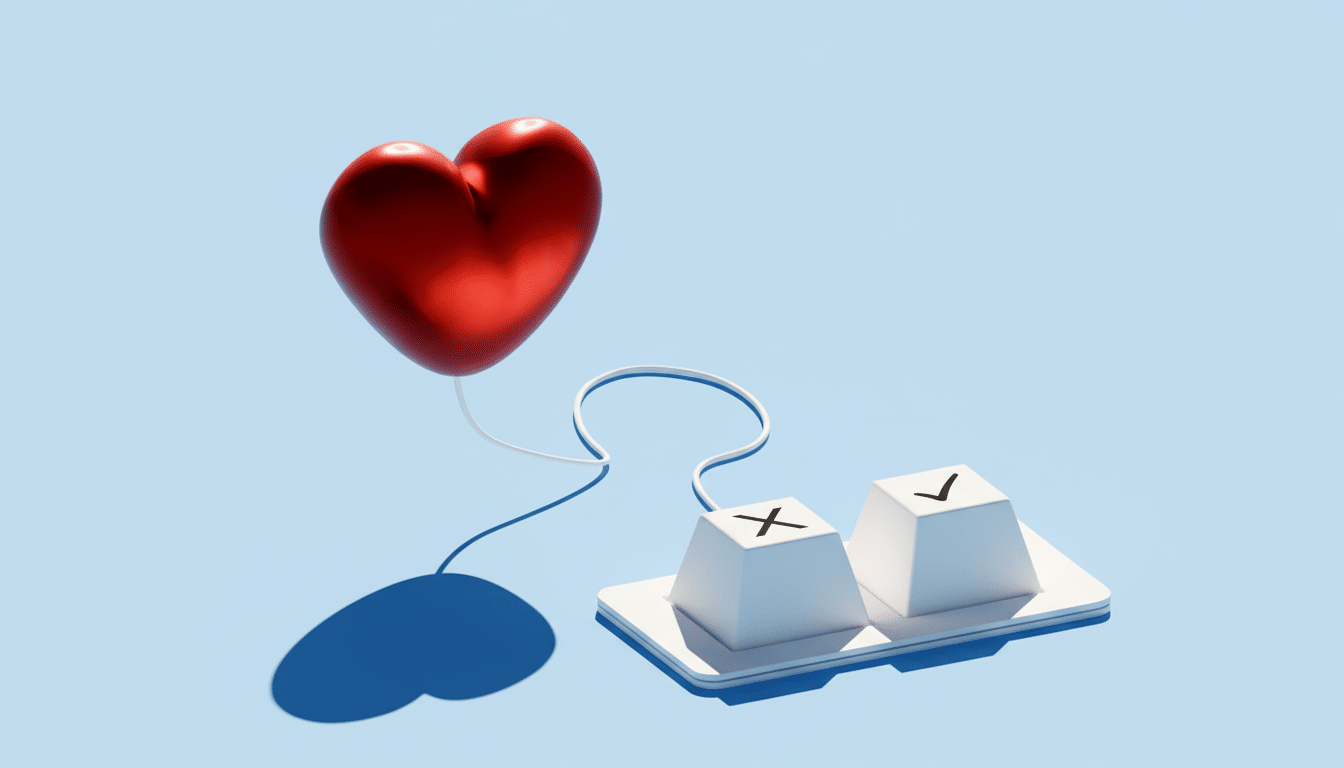 A red heart balloon connected by a white wire to two white square buttons, one with an X and the other with a checkmark, all set against a light blue background.