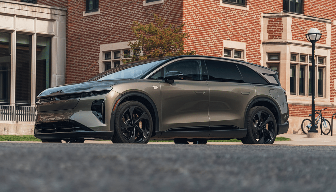 A sleek, modern electric SUV in a dark metallic color is parked on an asphalt surface in front of a brick building with large windows. The vehicle has black wheels and a distinctive front grille. A street lamp and a bicycle are visible in the background to the right.