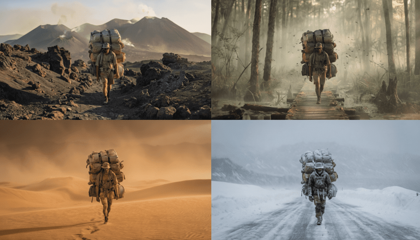 A man carrying a large pack walks through four different environments: a volcanic landscape, a misty forest, a desert, and a snowy road.