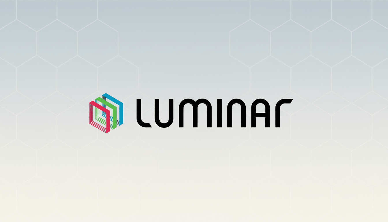 The Luminar logo, featuring a stylized cube icon in red, green, and blue, next to the word LUMINAR in black text, set against a professional light gray background with a subtle hexagonal pattern.