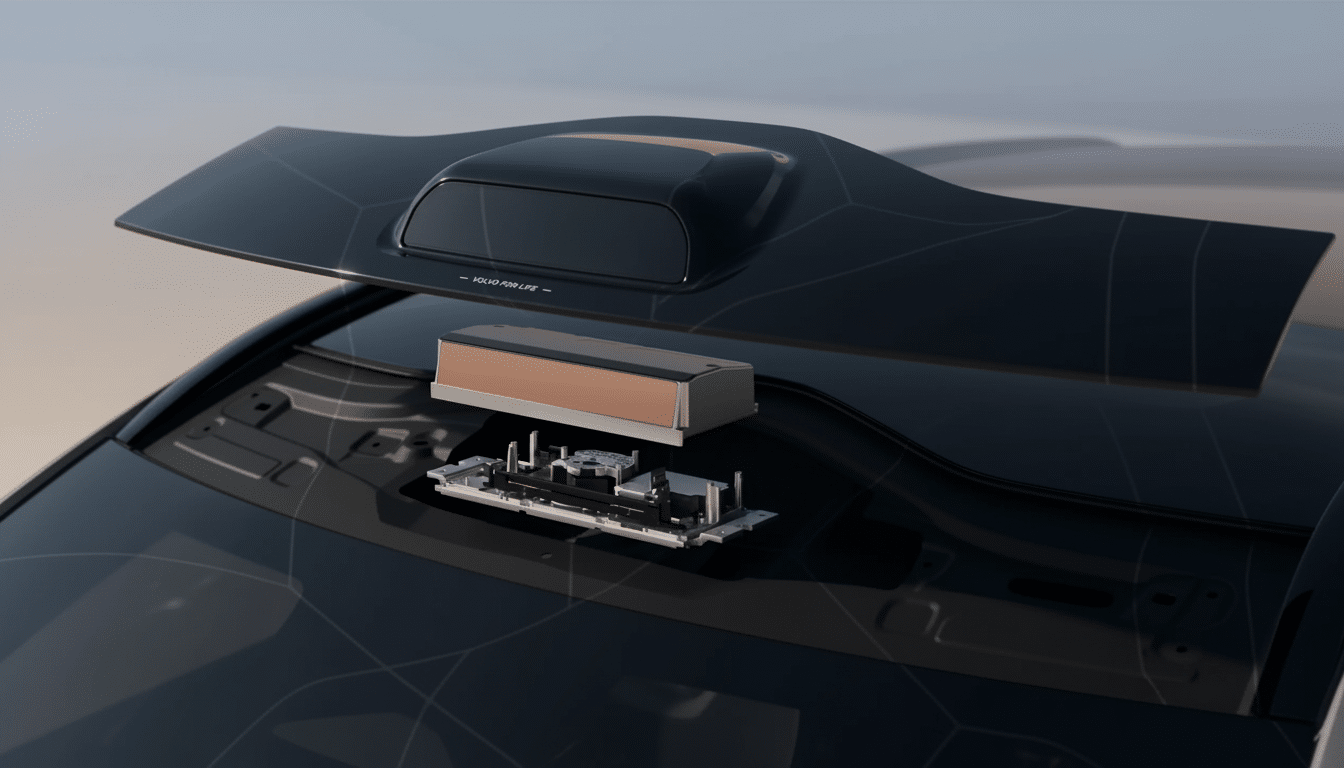 A close-up, professionally enhanced image of a Volvo cars roof with an exploded view of its advanced sensor system, including a sleek black housing, internal components, and a copper-colored module, set against a soft, gradient background.