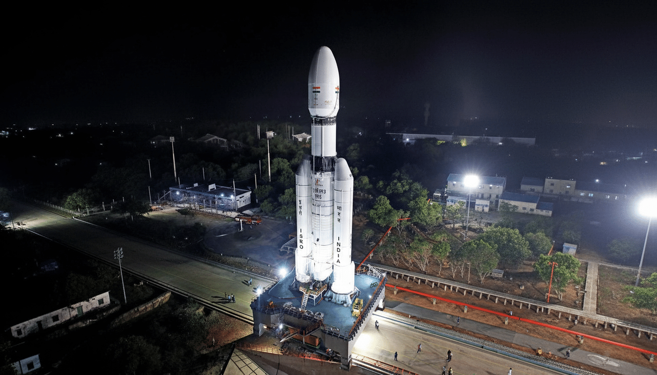 A tall, white rocket stands illuminated on a launchpad at night, with surrounding buildings and trees visible in the dark background.