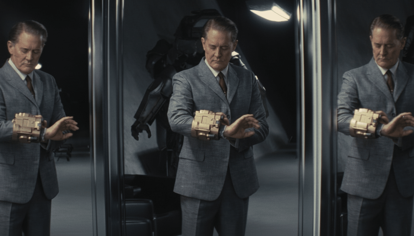 A man in a grey suit with a gold device on his wrist, reflected in two mirrors.