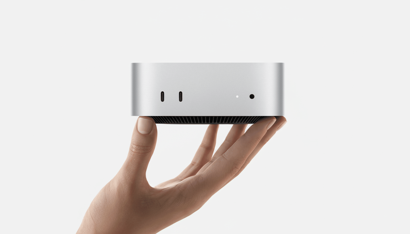 A hand holding a silver, compact computer device against a white background.