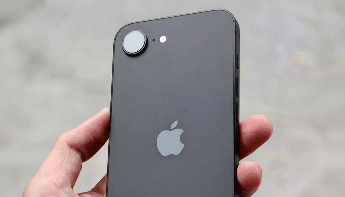 A hand holding the back of a dark gray iPhone with the Apple logo visible.