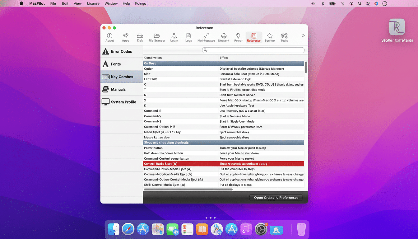 A screenshot of a MacPilot application window displaying a Reference section with various system settings and key combinations. The window is open on a desktop with a colorful, abstract background.