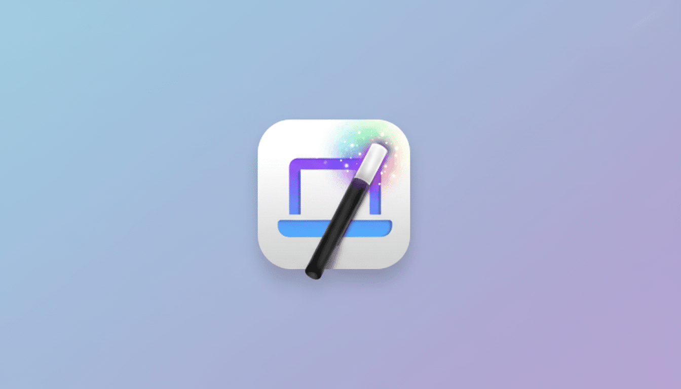 A white square app icon with rounded corners, featuring a stylized blue laptop screen and a black magic wand with a purple tip and colorful sparkles emanating from it, set against a soft gradient background of light blue and purple.