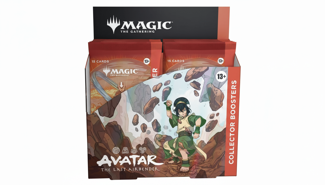 A display box of Magic: The Gathering Collector Boosters featuring Avatar: The Last Airbender artwork, with Toph Beifong on the front.