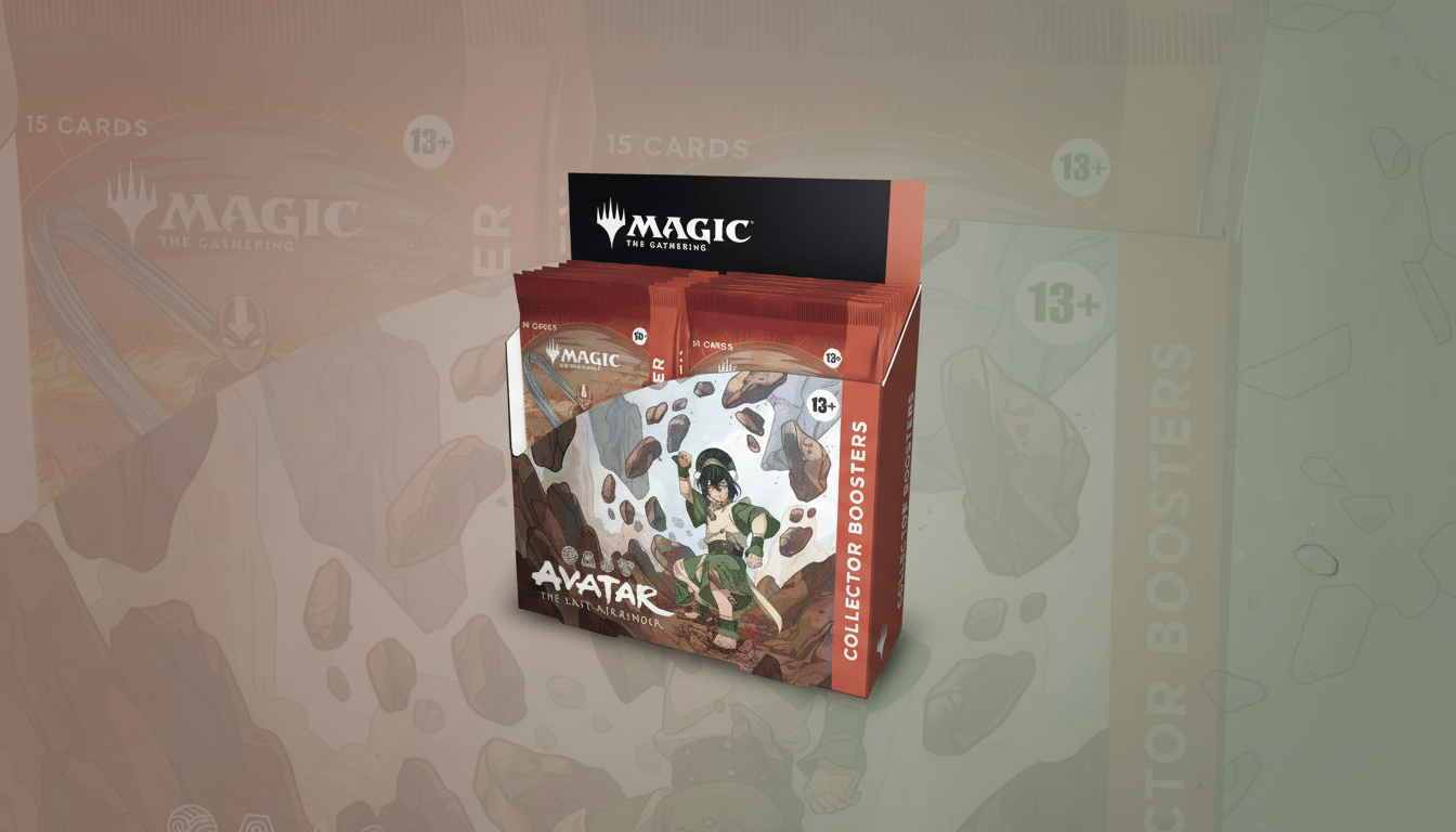 A Magic: The Gathering Collector Boosters display box featuring Avatar: The Last Airbender artwork, set against a professional flat design background with soft patterns.