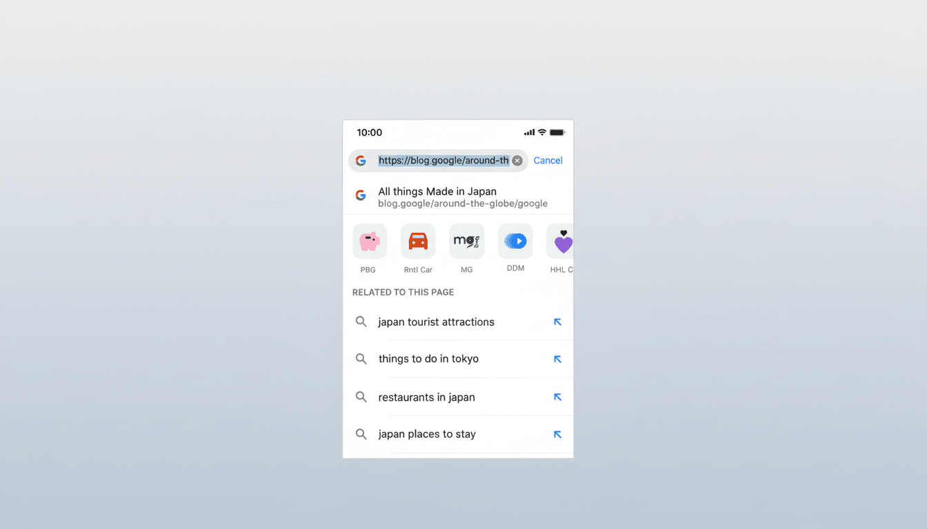 A screenshot of a Google search results page on a mobile device, showing a search for blog.google/around-the-globe/google and related search suggestions like japan tourist attractions and things to do in tokyo. The image is set against a professional flat design background with soft gradients.