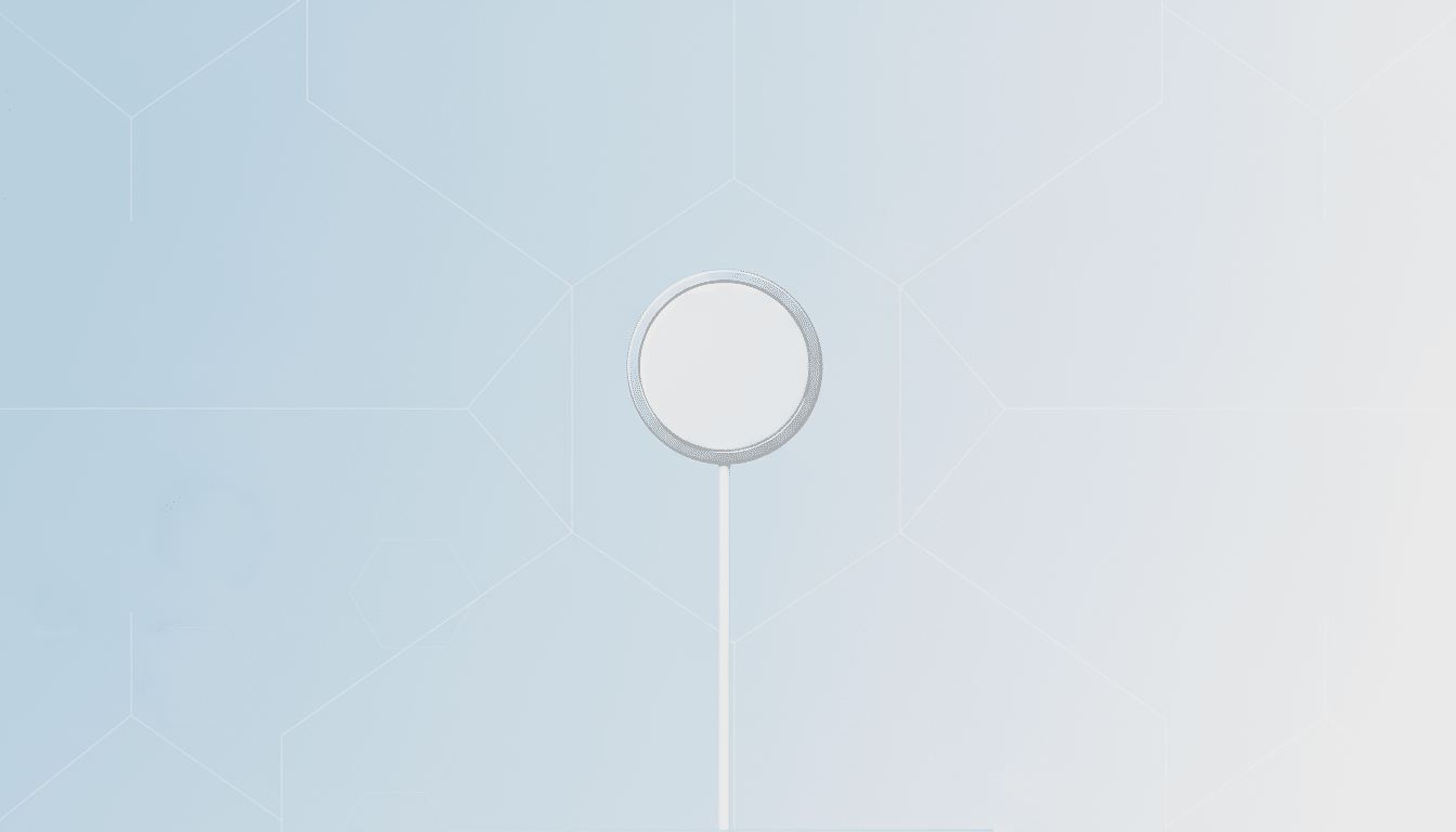 A white circular MagSafe charger with a silver rim and a white cable extending downwards, set against a professional light blue and white gradient background with subtle geometric patterns.