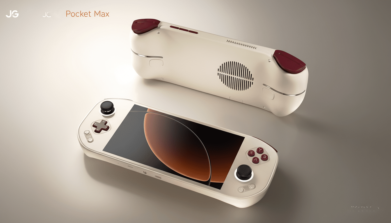 A 16:9 aspect ratio image of a white and maroon handheld gaming device, Pocket Max, with one device facing up and another facing down, on a light gray background.