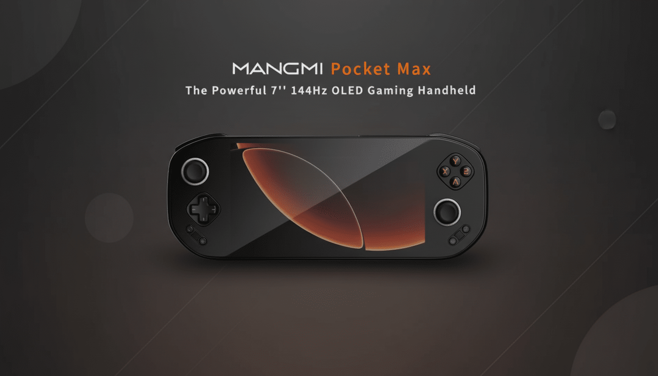 A black Mangmi Pocket Max gaming handheld with a dark orange and black screen, centered on a dark gray background with subtle circular patterns.