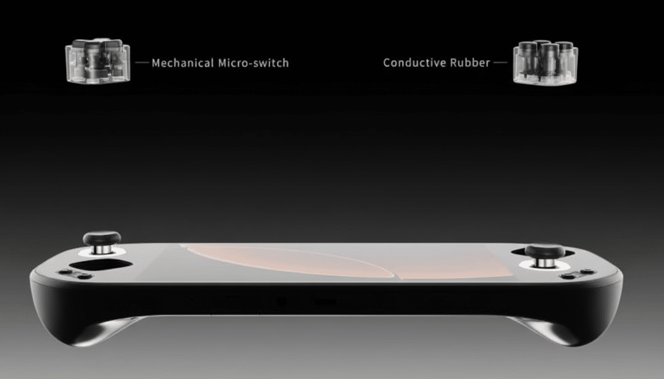 A black handheld gaming device with two joysticks and a screen displaying an orange design. Above it are two transparent components labeled Mechanical Micro-switch and Conductive Rubber.