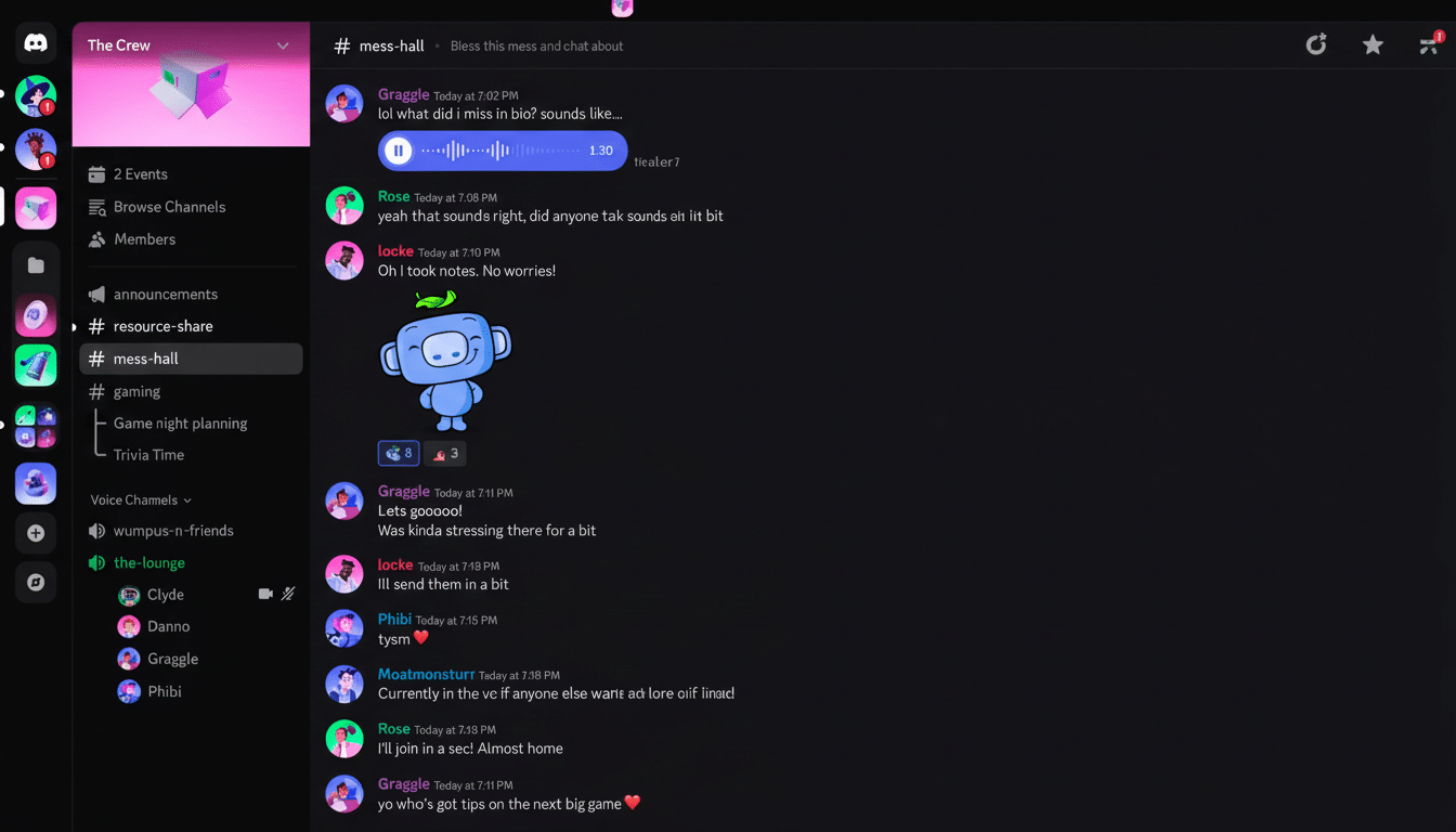 A Discord interface showing a chat in the #mess-hall channel, with various user messages and a voice chat section.