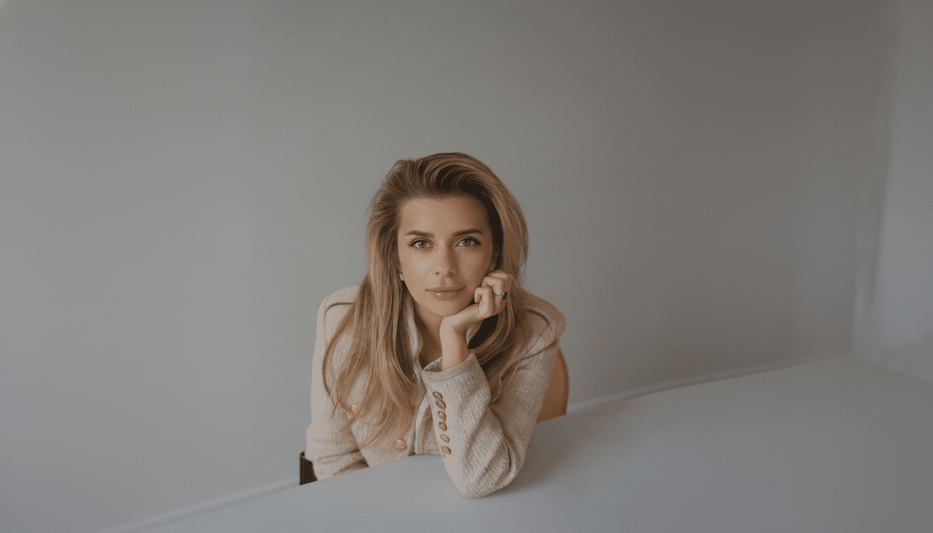 A professional portrait of a woman with long blonde hair, wearing a beige jacket, looking directly at the camera with her chin resting on her hand.