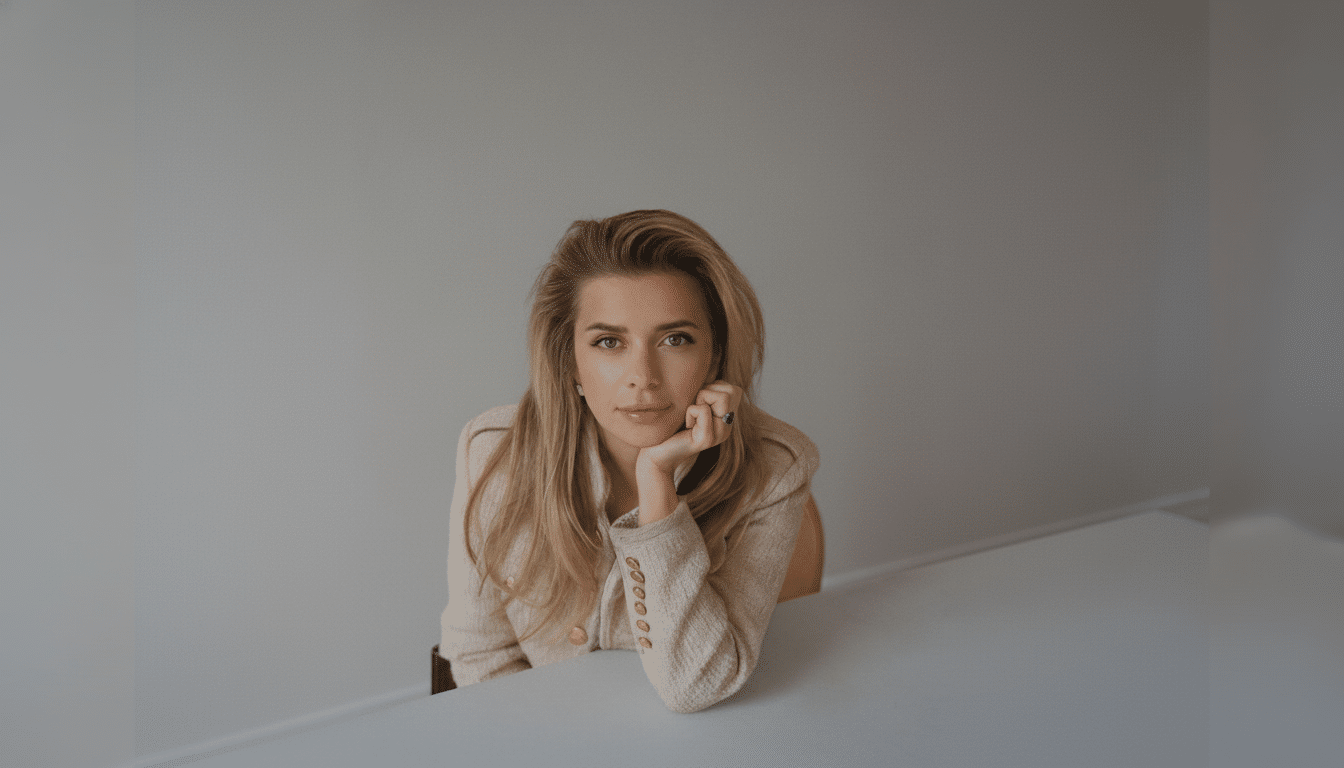 A professional portrait of a woman with long blonde hair, wearing a beige jacket, resting her chin on her hand, looking directly at the viewer.
