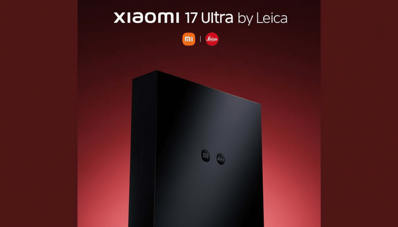 A black rectangular box with the Xiaomi and Leica logos on it, set against a red gradient background. The text XIAOMI 17 Ultra by Leica is at the top.