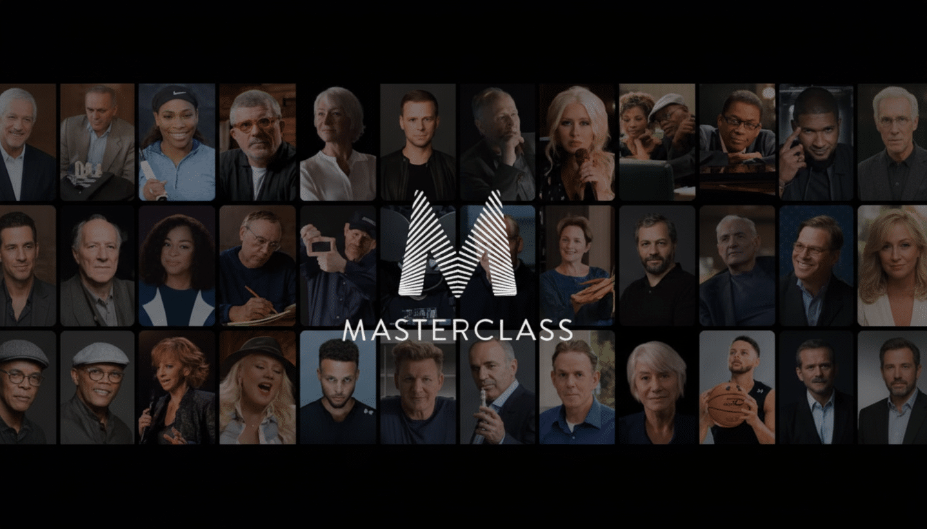 A 16:9 aspect ratio image of the MasterClass logo surrounded by a grid of diverse individuals, including celebrities and experts, against a dark background.