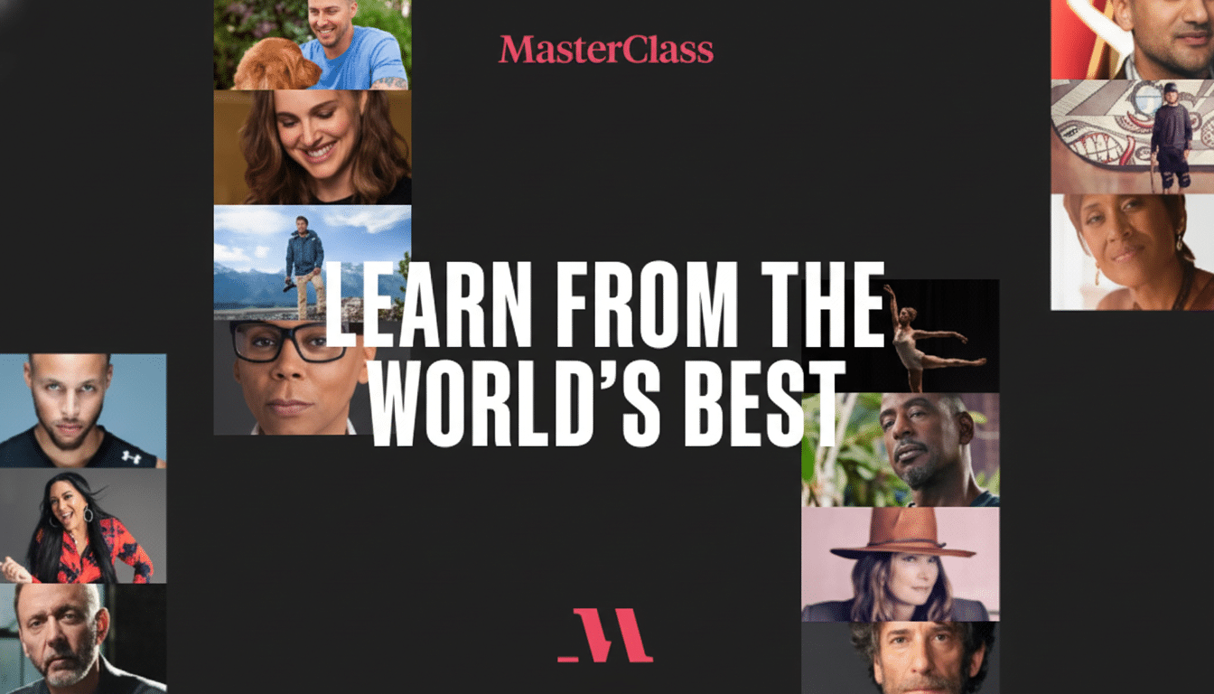 A MasterClass banner with the text LEARN FROM THE WORLDS BEST surrounded by images of various celebrities and experts.