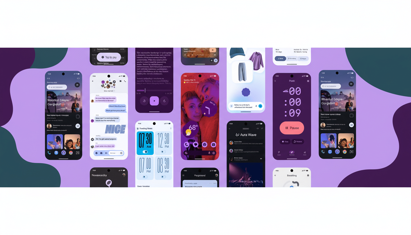 A collection of smartphone screens displaying various app interfaces, including messaging, music, weather, fitness, and news, arranged on a background with soft, undulating patterns in shades of purple and green.