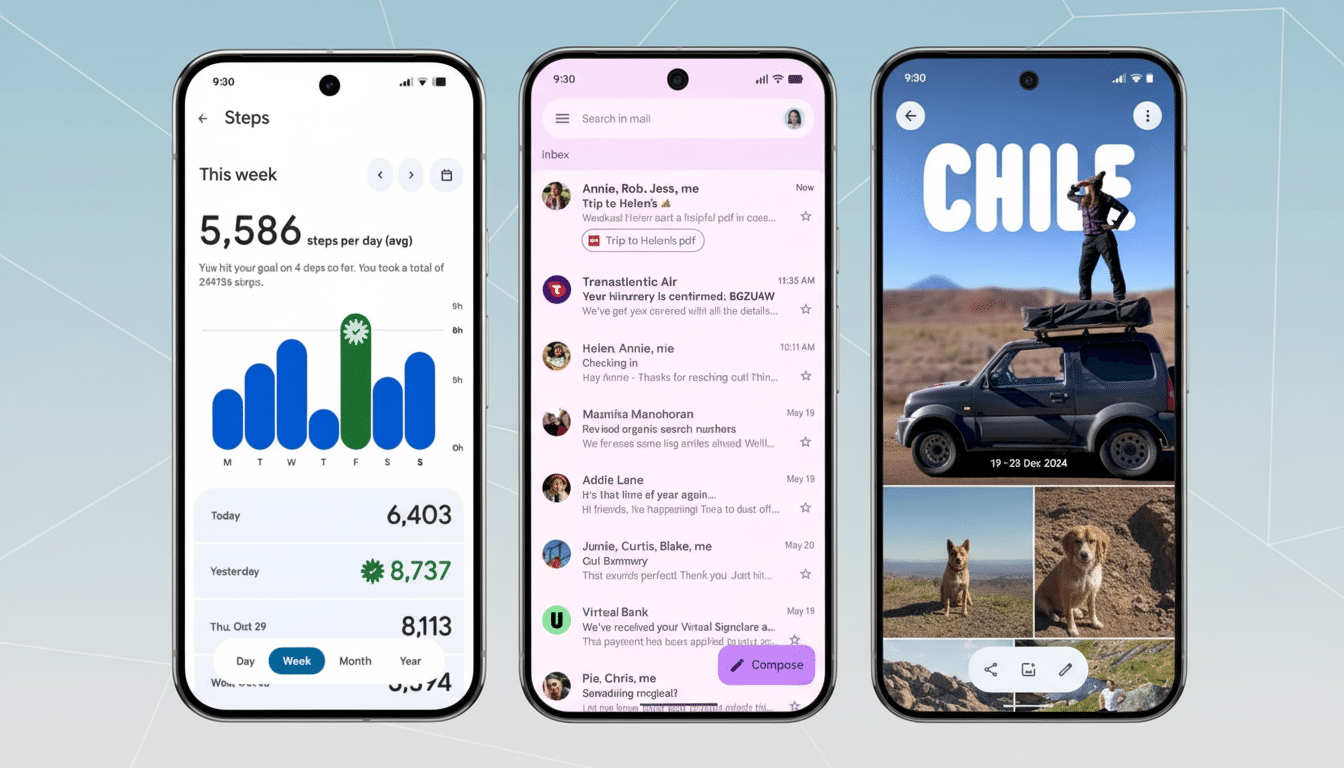 Three smartphones displaying different app interfaces. The left phone shows a fitness tracking app with step count and a bar graph. The middle phone displays an email inbox. The right phone shows a travel app with images of Chile, including a person standing on a car and a dog.