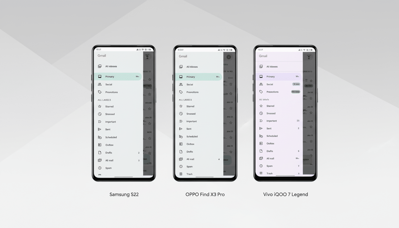 A 16:9 aspect ratio image showcasing three smartphones (Samsung S22, OPPO Find X3 Pro, and Vivo iQOO 7 Legend) displaying the Gmail app interface. The background is a professional flat design with soft gradients, while the phones and their screens remain unchanged.