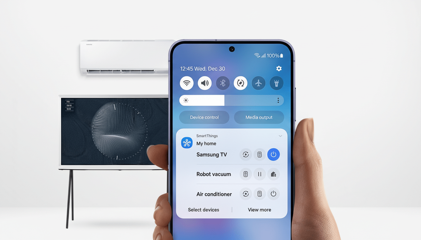 A hand holding a smartphone displaying the SmartThings app, with a Samsung TV and an air conditioner in the background.