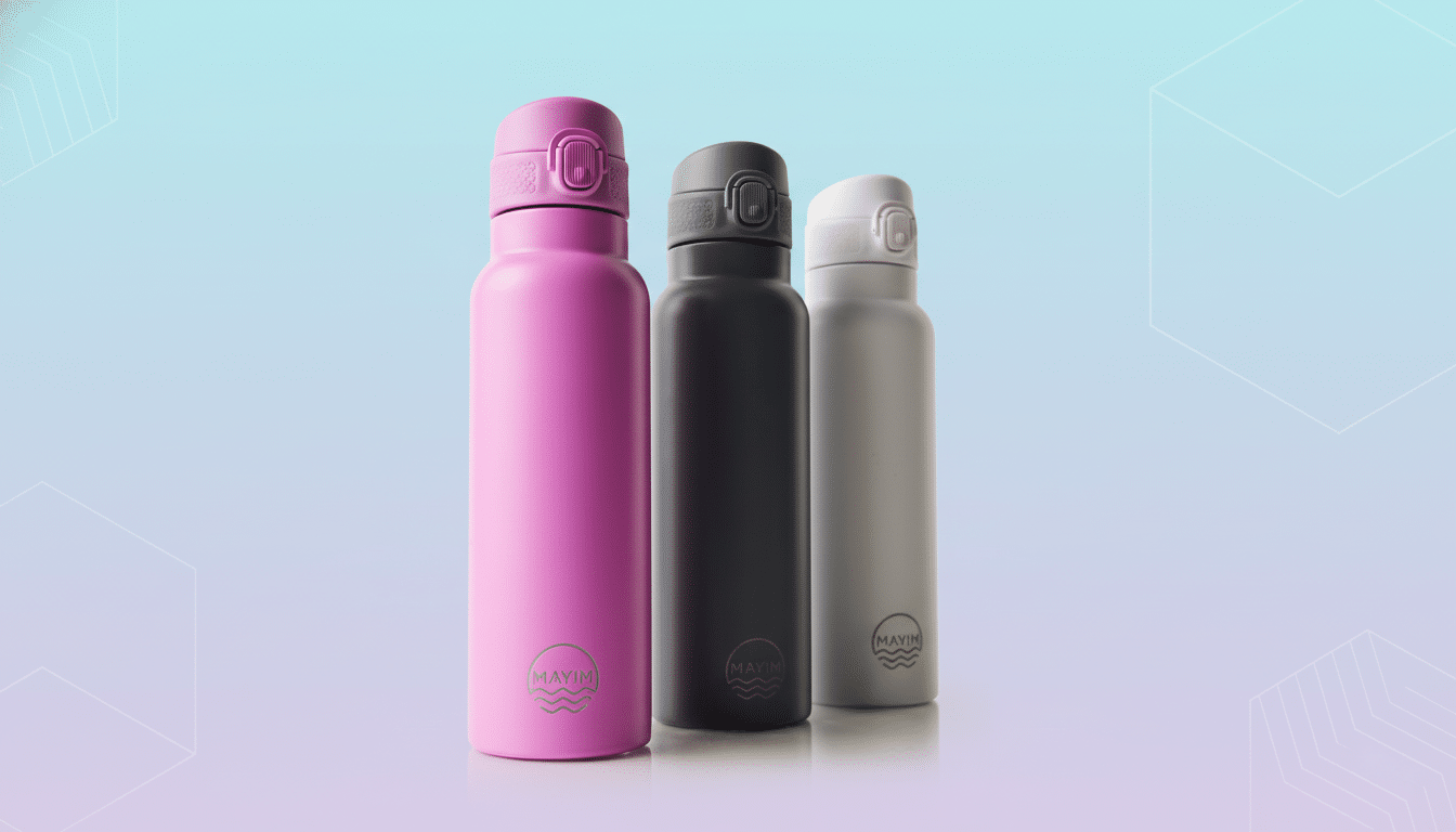 Three Mayim water bottles in pink, black, and grey, standing upright against a professional flat design background with soft blue and purple gradients and subtle geometric patterns.