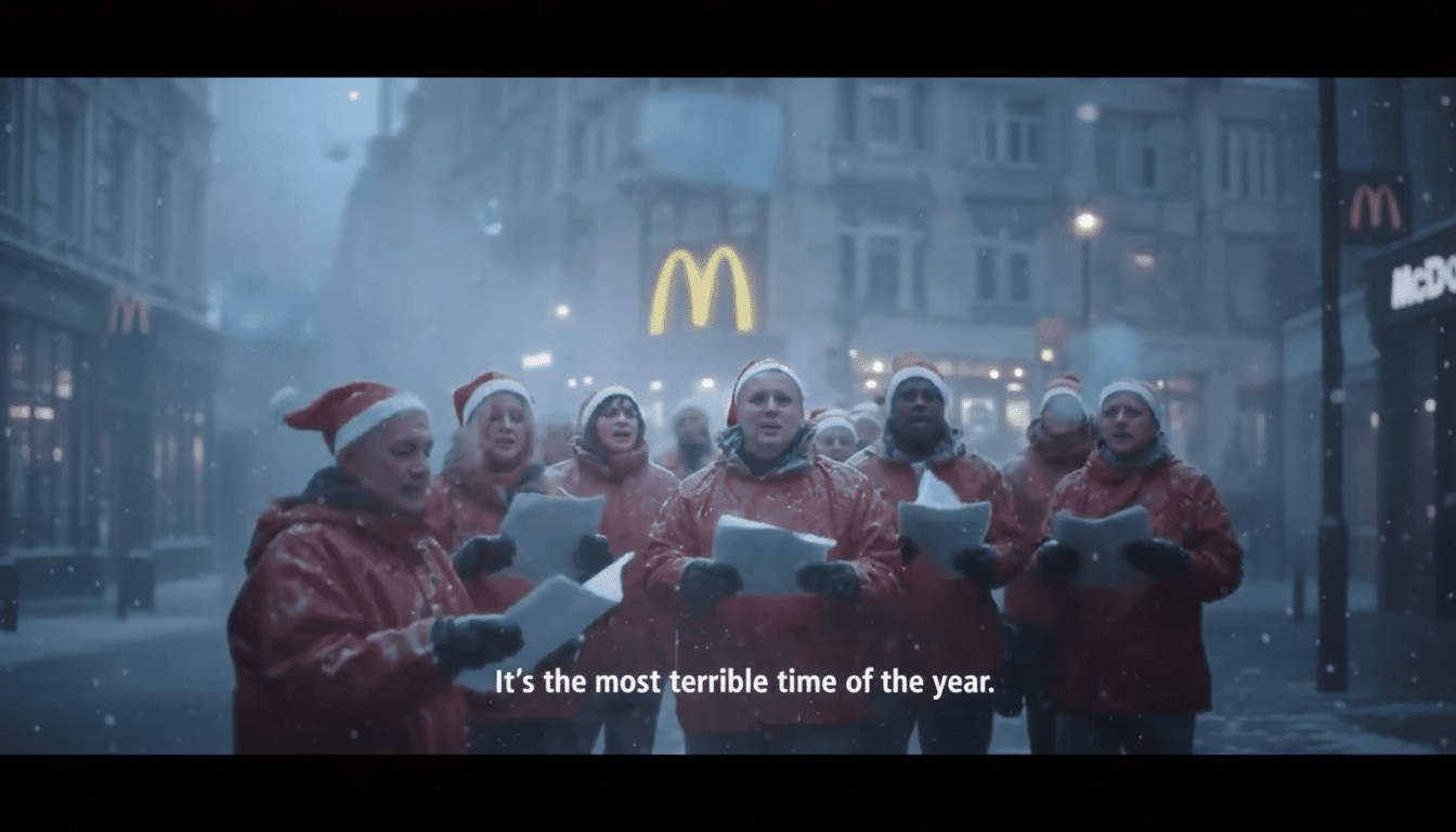 A group of people in Santa hats and red jackets singing carols on a snowy street, with a McDonalds sign visible in the background.