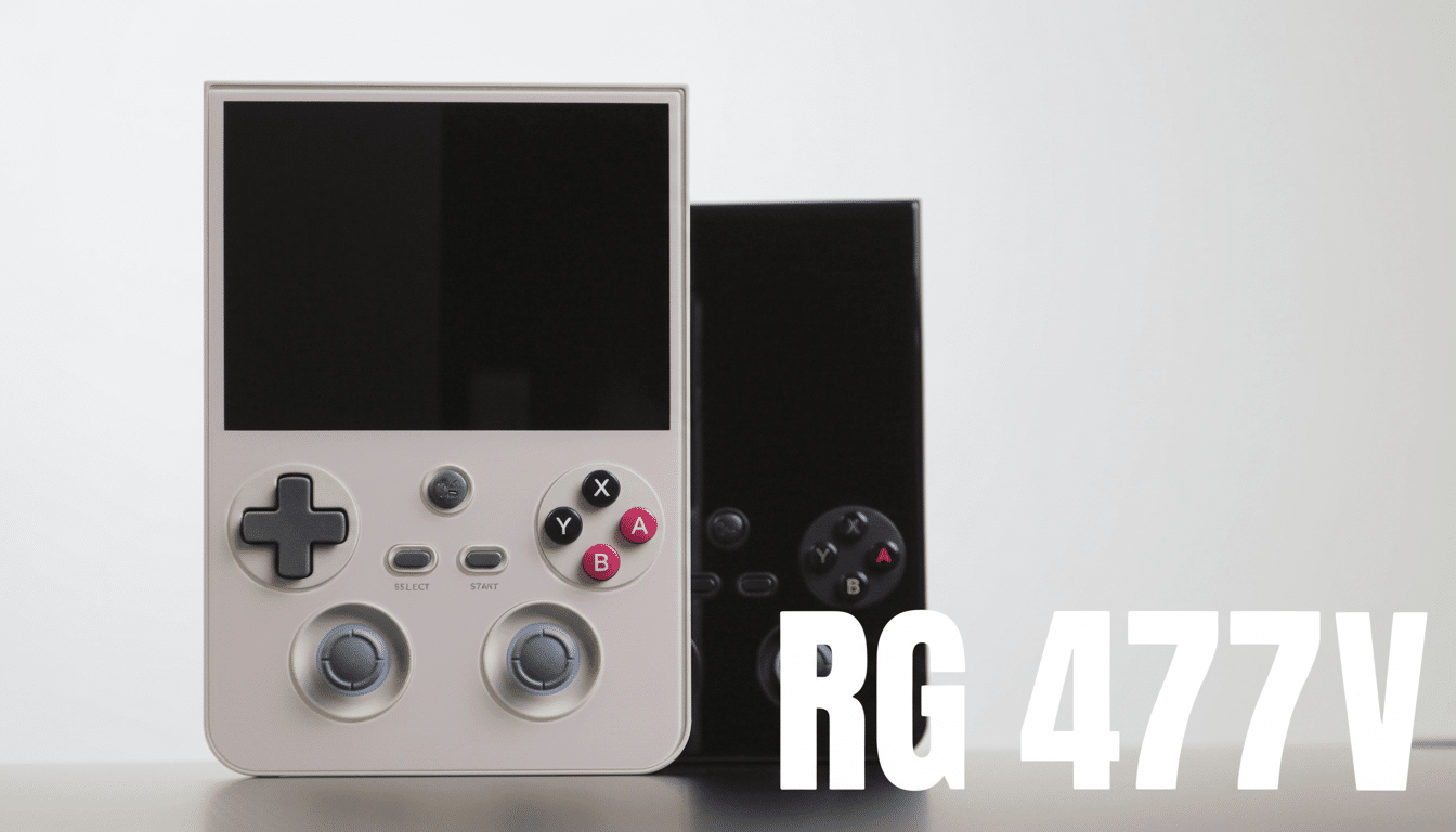A white and black handheld gaming device with the text RG 477V in white on the bottom right.