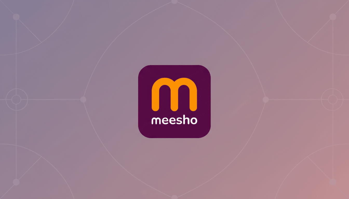 The Meesho logo, featuring an orange m and the word meesho in white, centered on a purple square with rounded corners. The background is a professional flat design with soft gradients and subtle geometric patterns in shades of purple and pink, presented in a 16:9 aspect ratio.