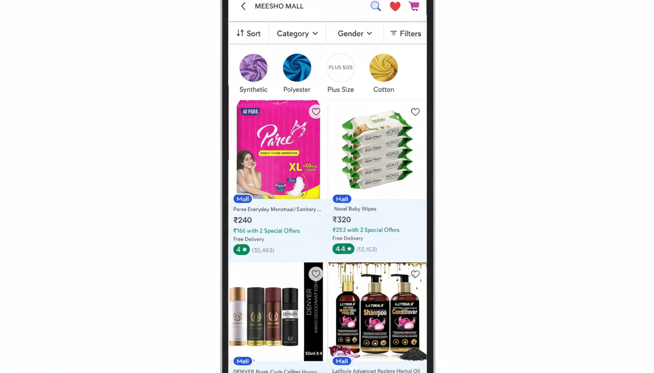 A mobile e-commerce app screen displaying various products like sanitary pads, baby wipes, deodorants, and hair oil, resized to a 16:9 aspect ratio with the original background preserved.