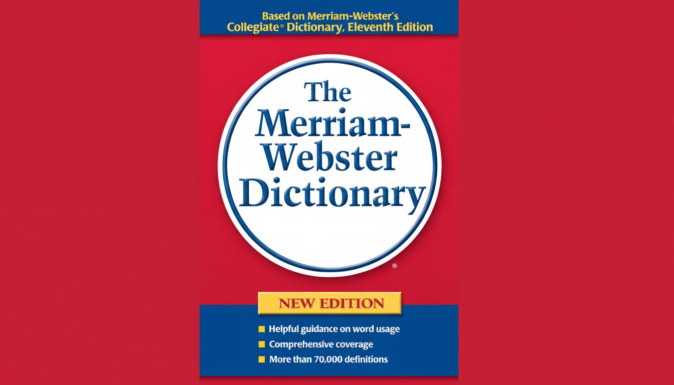 The Merriam-Webster Dictionary book cover, resized to a 16:9 aspect ratio, featuring a red background with a white circle containing the title in blue text. A yellow banner at the bottom reads NEW EDITION with bullet points below it.