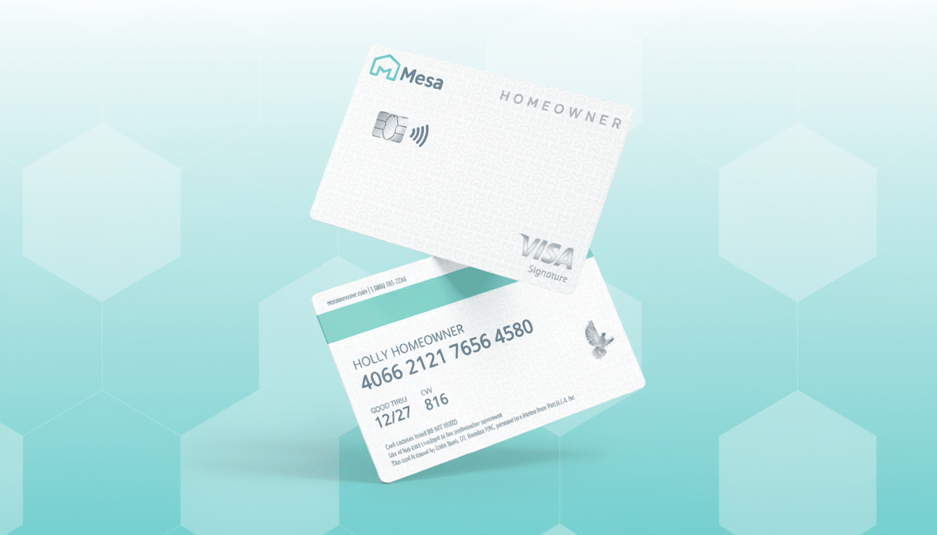 A 16:9 aspect ratio image of two white Mesa Homeowner Visa Signature cards, one slightly above and behind the other, against a professional teal and white gradient background.