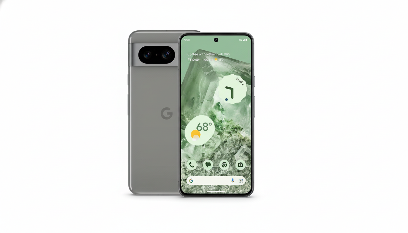 A Google Pixel 7 smartphone in a 16:9 aspect ratio, with its screen displaying the home interface and a weather widget showing 68 degrees. The back of another Pixel 7 phone is visible behind it.