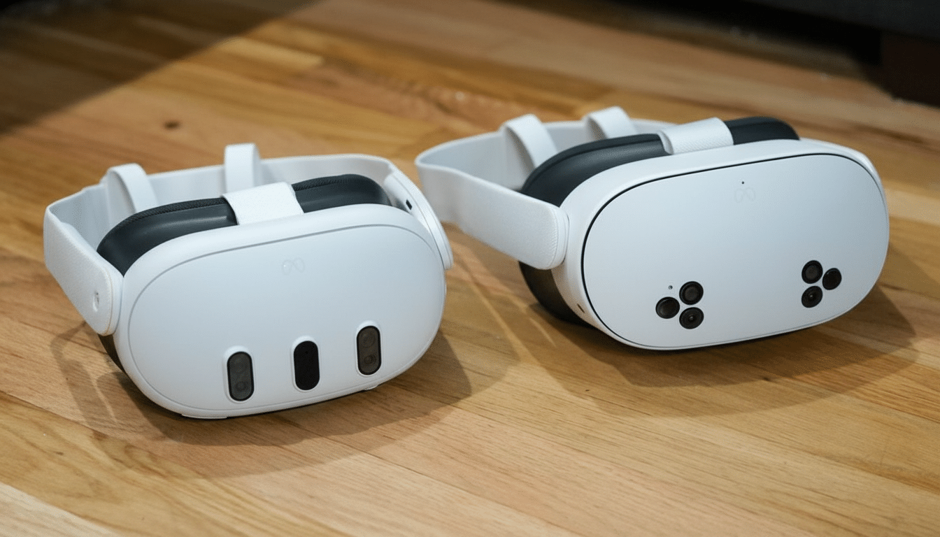 Two white virtual reality headsets are displayed on a wooden surface.