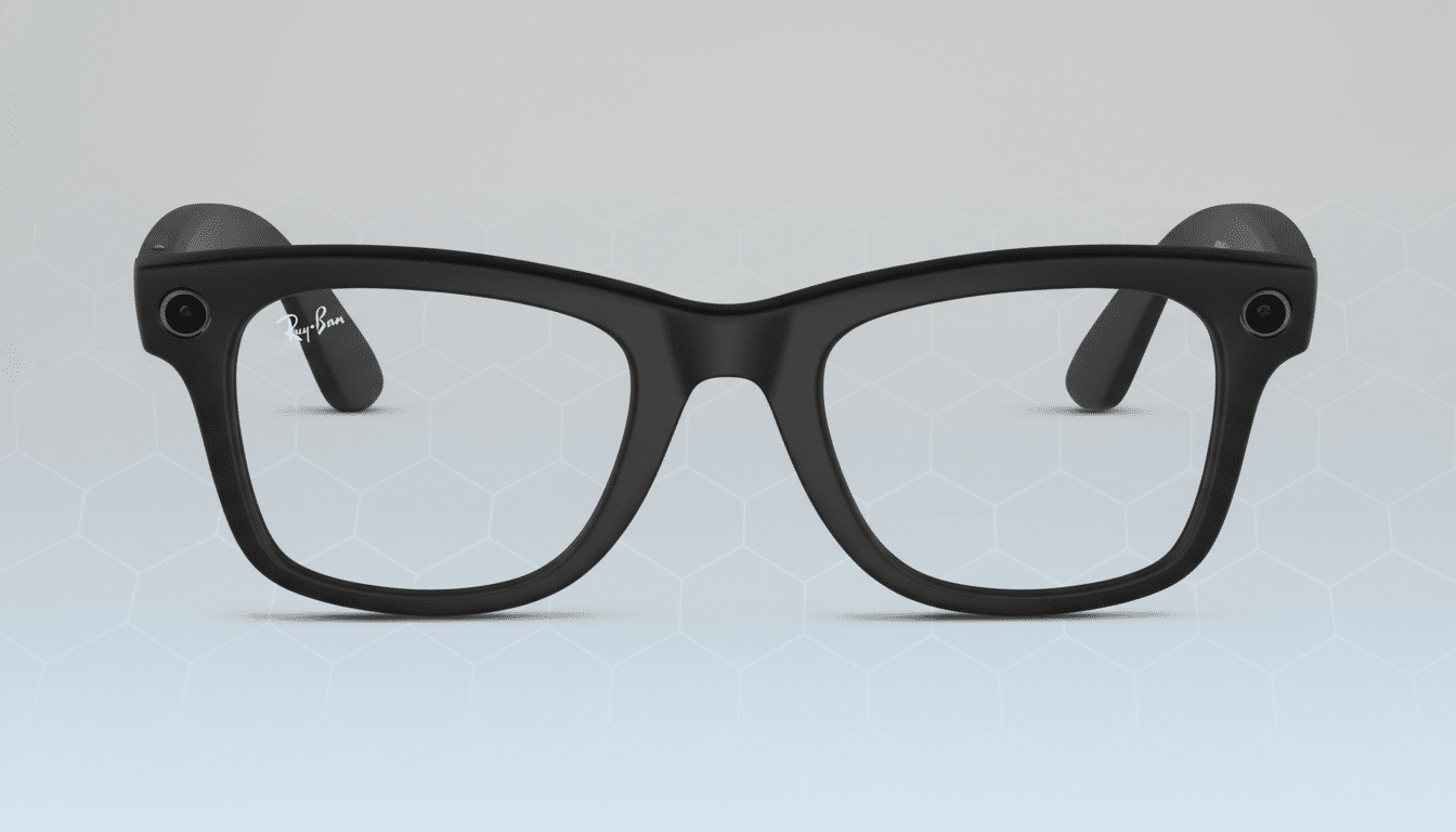 A pair of black Ray-Ban smart glasses with cameras on each side, presented on a professional flat design background with soft hexagonal patterns.