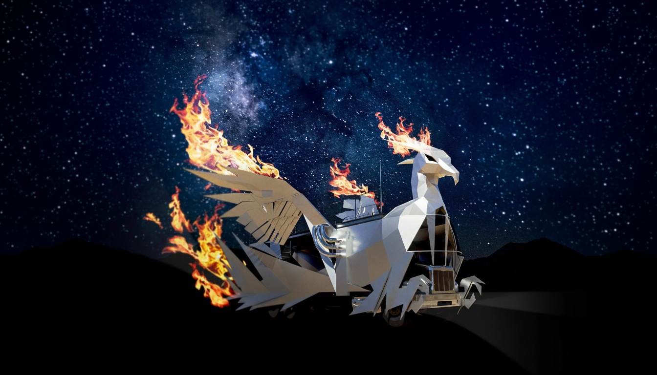A white, stylized phoenix-like vehicle with flames emanating from its wings and back, set against a starry night sky with a dark landscape below.