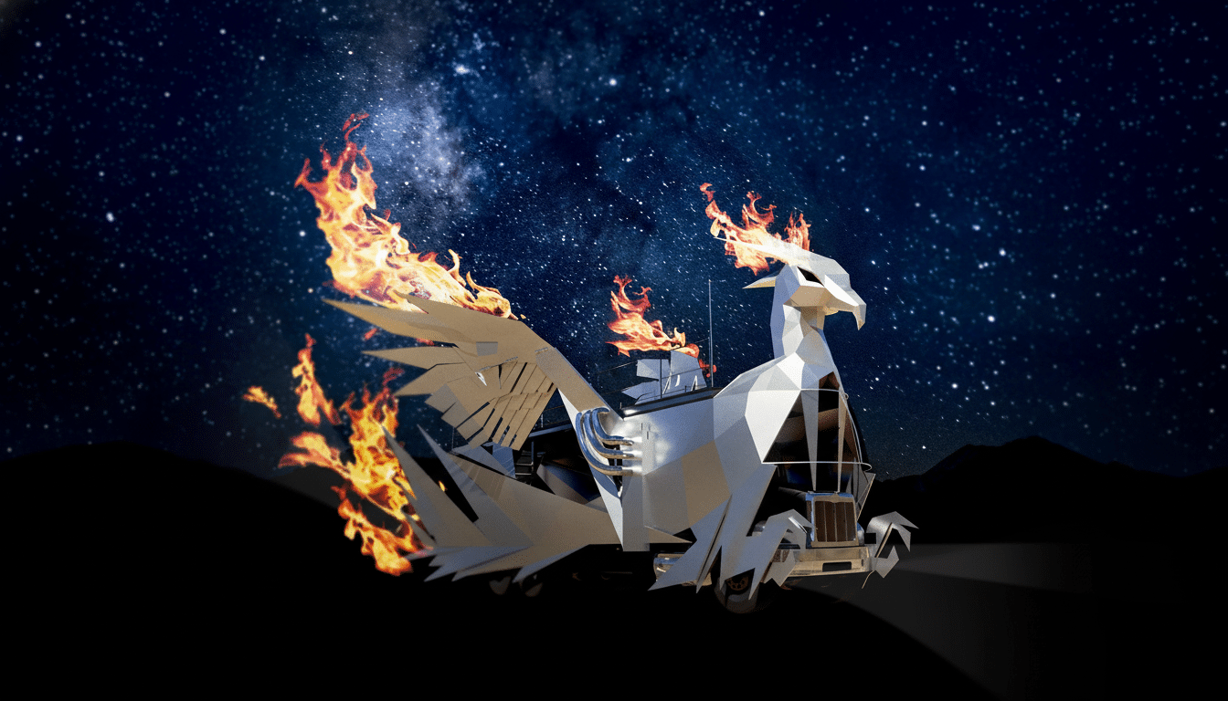 A white, stylized phoenix-like vehicle with flames emanating from its wings and head, set against a starry night sky with a dark landscape below.