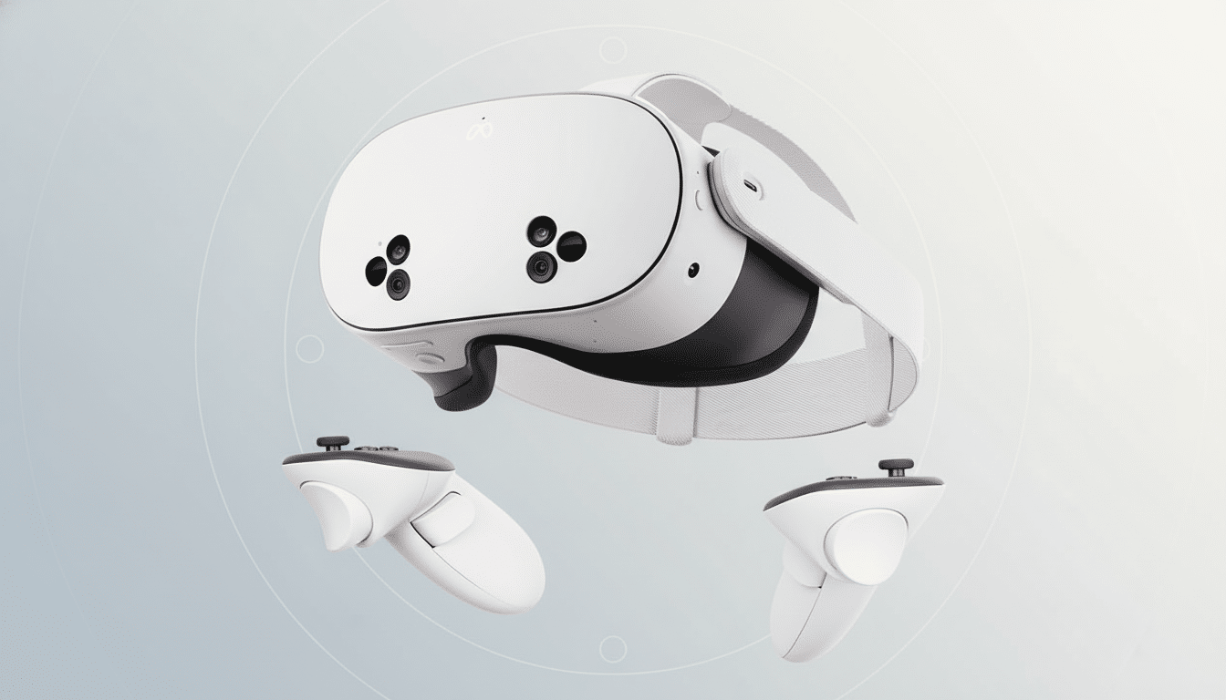 A white virtual reality headset with two white controllers, set against a professional light gray background with subtle circular patterns.