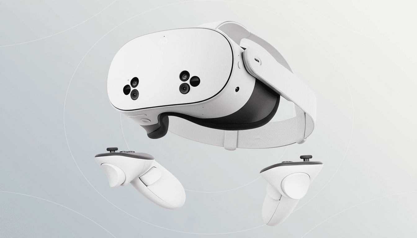 A white virtual reality headset with two white controllers, presented on a professional flat design background with soft patterns and gradients.