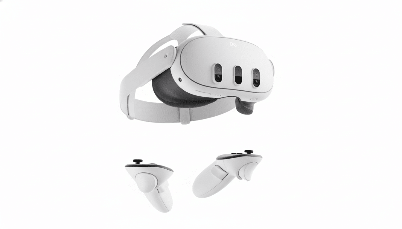 A white virtual reality headset with two controllers, presented on a clean white background.