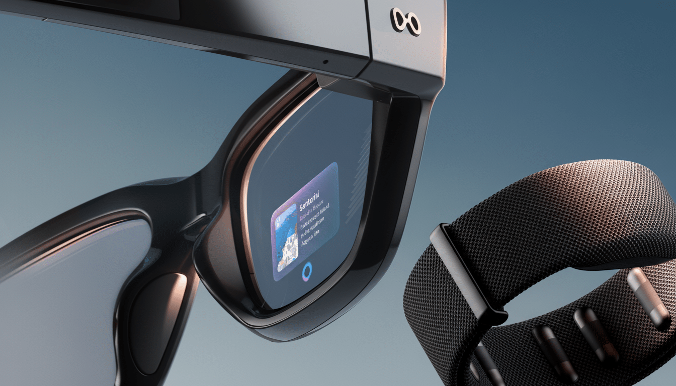 A pair of smart glasses displaying a Santorini notification, next to a black woven wristband.