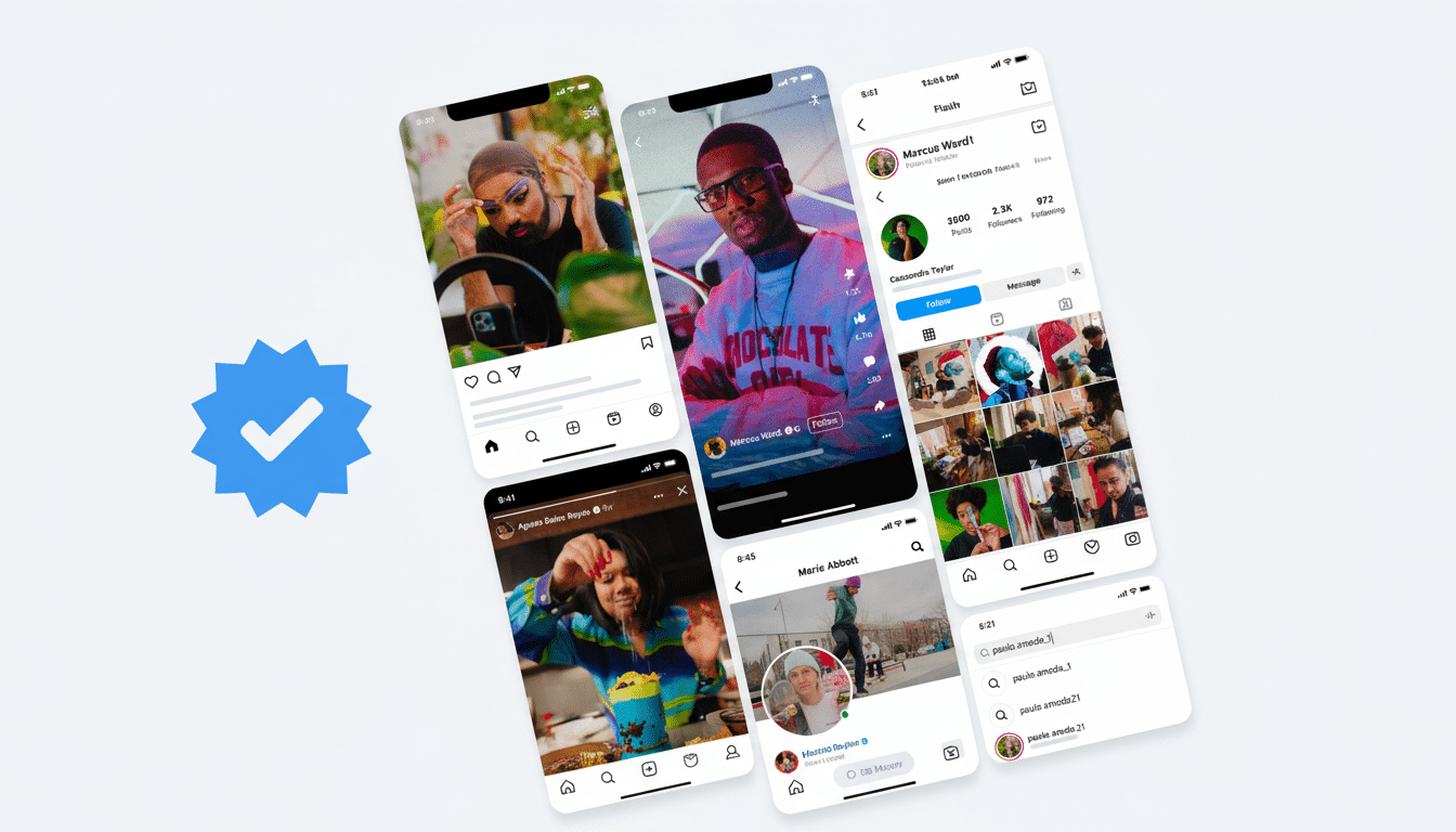 A blue verified badge icon next to several mobile phone screens displaying social media feeds and profiles.